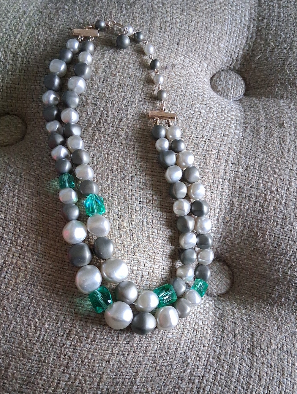 Japan Signed Vintage Pearl and Gray Bead Layered Necklace with Emerald Accents